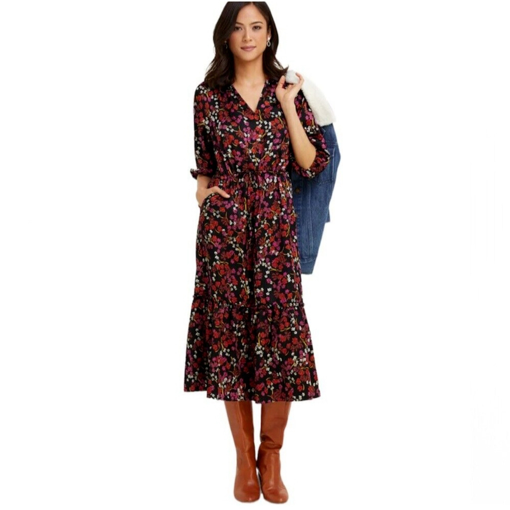 Draper James Black Floral Midi Dress with Red & Pink Accents